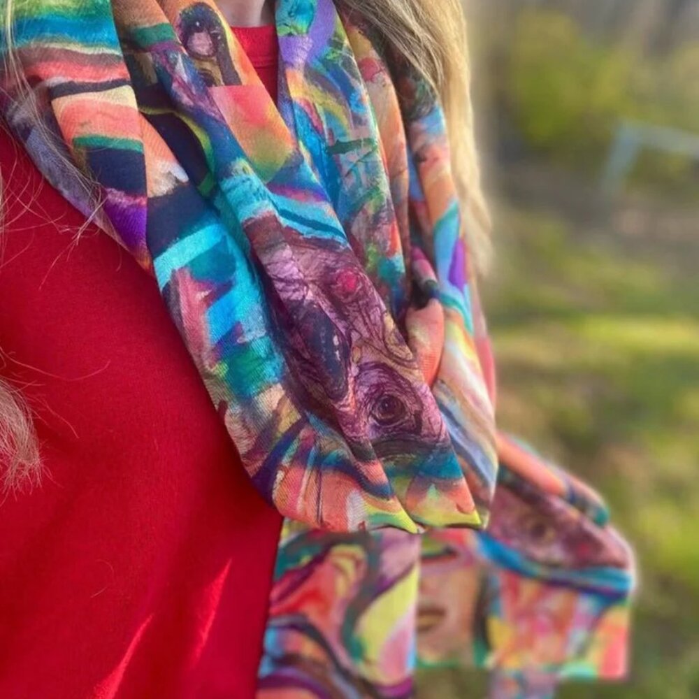 NEW without TAGS Elegant Colorful Wrap with print of Beep, Beep by John Sebelius